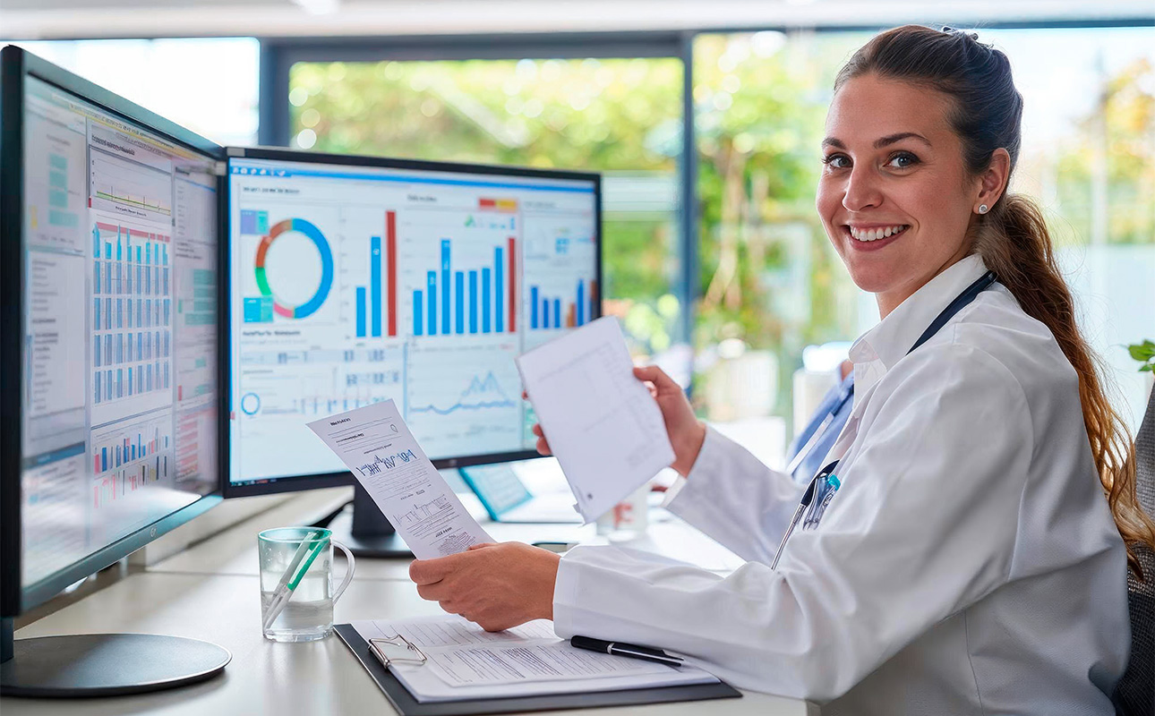 Profissional da saúde analisando planilhas e impostos do Simples Nacional.